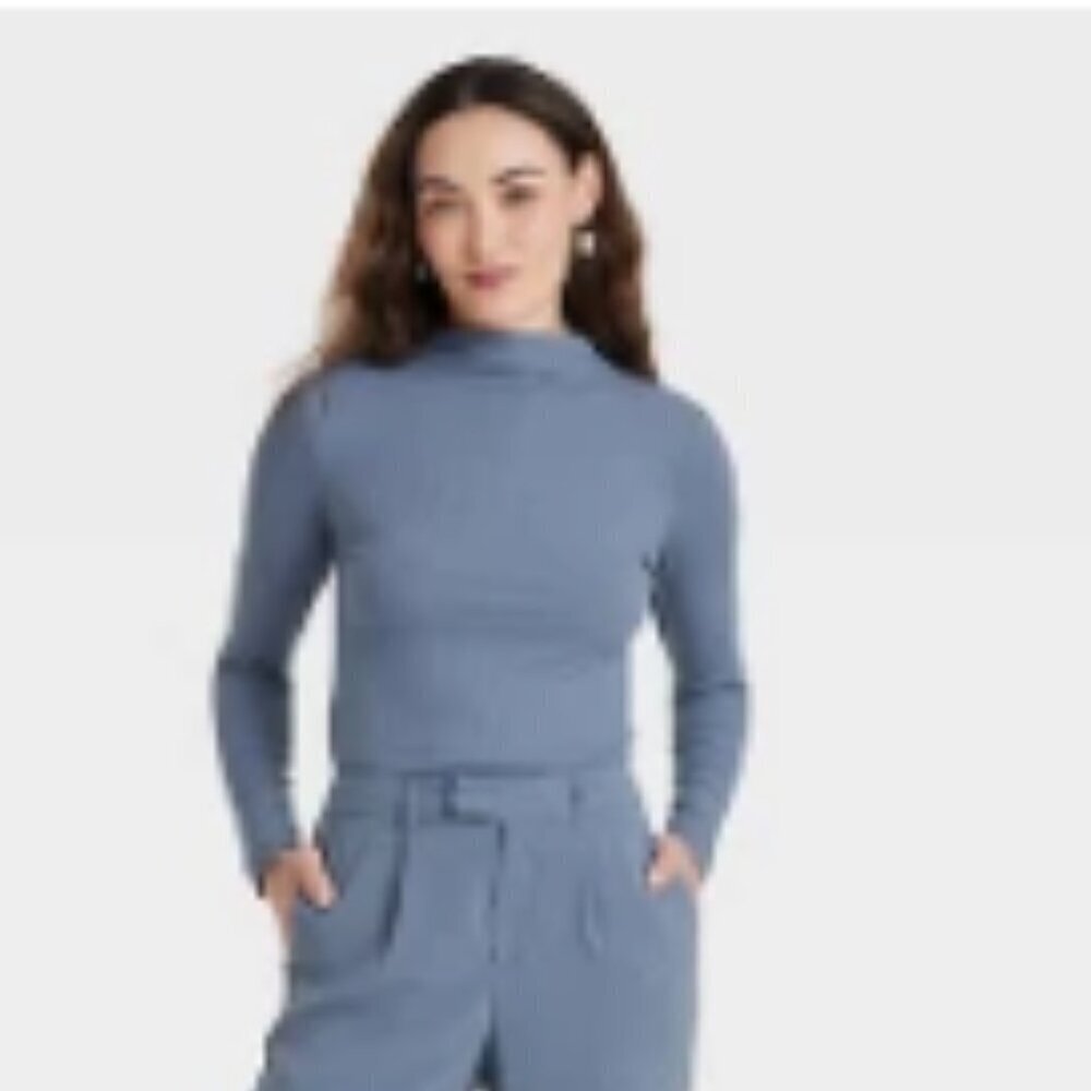 Women's Long Sleeve Mock Turtleneck Ribbed T-Shirt Blue XS